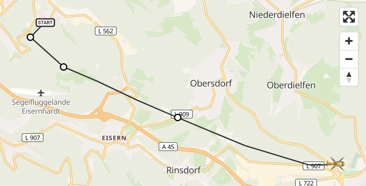 Flugroute Rettungshubschrauber Evangelisches Jung-Stilling Hospital - Wilnsdorf, 16 September 2026, 12:25