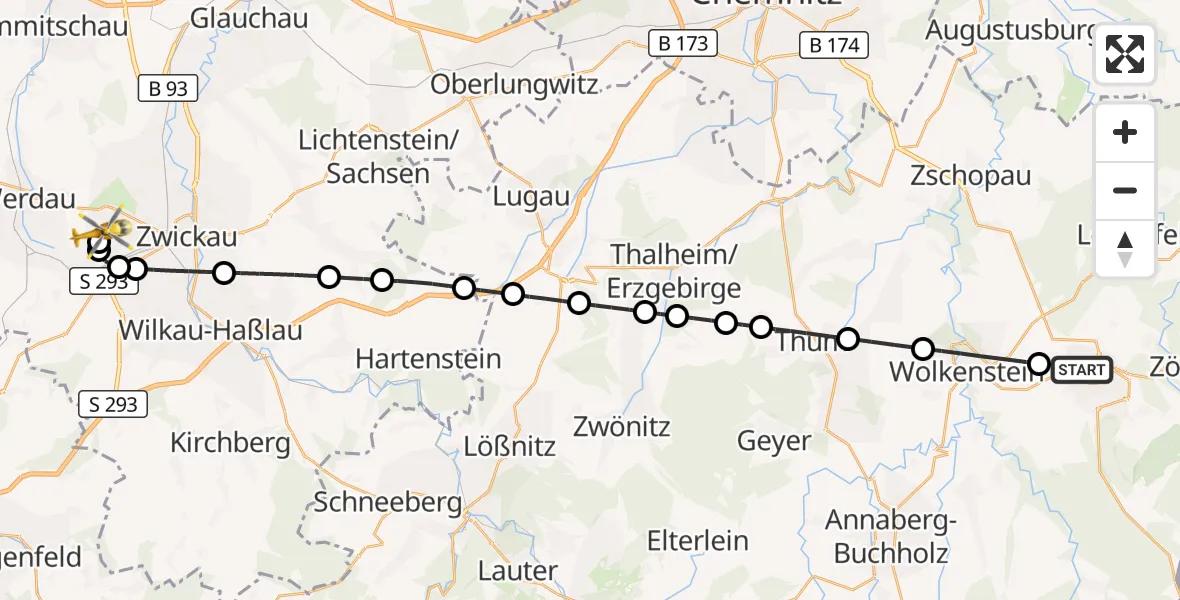 Flugroute Rettungshubschrauber Marienberg - ADAC Air Rescue Station Zwickau Hubschrauberlandeplatz, 16 September 2026, 12:25