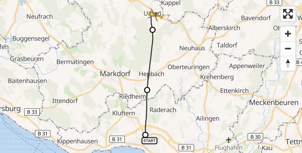 Flugroute Rettungshubschrauber Friedrichshafen Hospital - Deggenhausertal, 16 September 2026, 12:25
