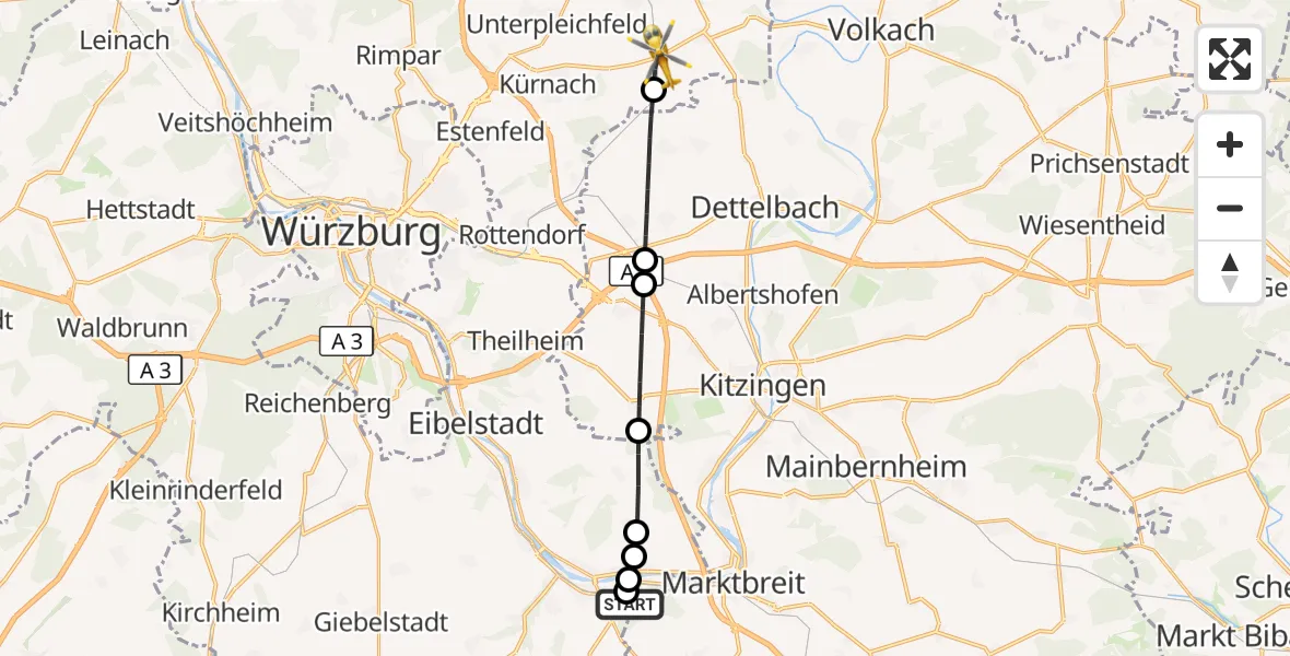 Flugroute Rettungshubschrauber Ochsenfurt Hospital - Prosselsheim, 16 September 2026, 12:26