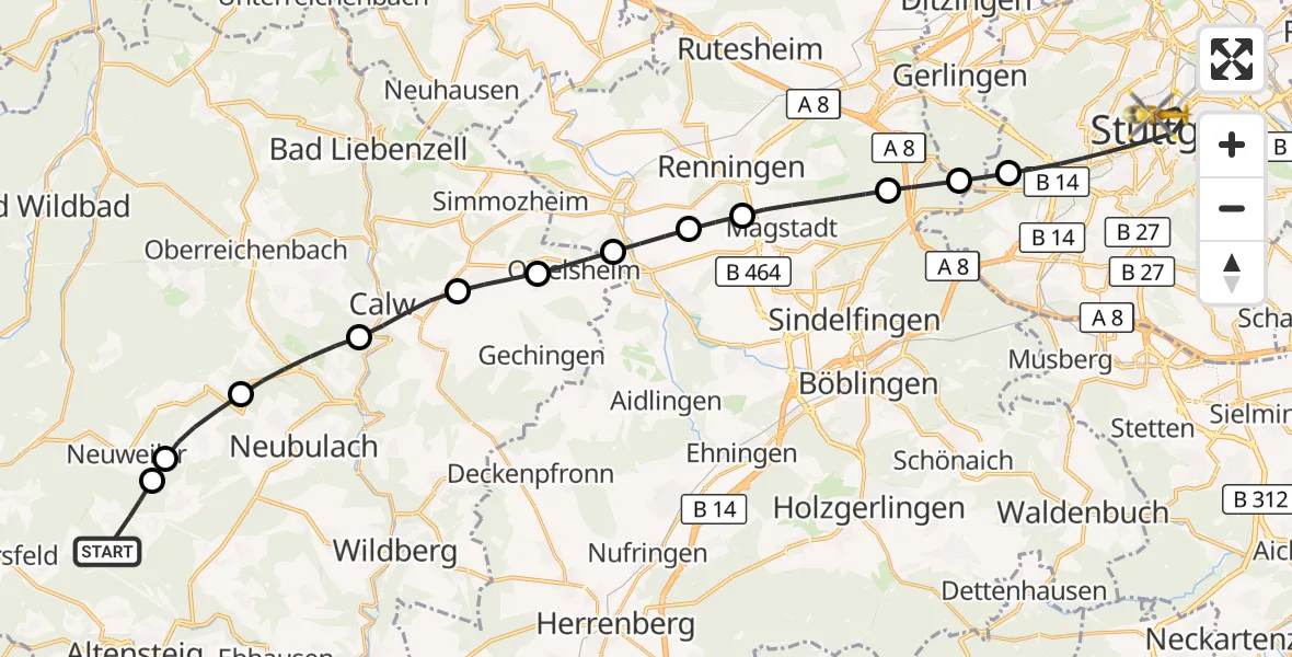 Flugroute Rettungshubschrauber Neuweiler - Stuttgart, 16 September 2026, 12:28