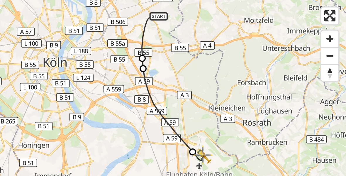 Flugroute Rettungshubschrauber Köln - Köln Bonn Flughafen, 16 September 2026, 12:29