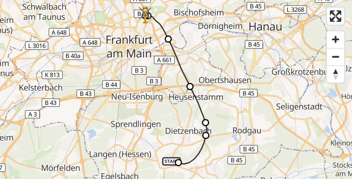 Flugroute Rettungshubschrauber Dreieich - Frankfurt am Main Accident Hospital Roof Helipad (CHX2), 16 September 2026, 12:40