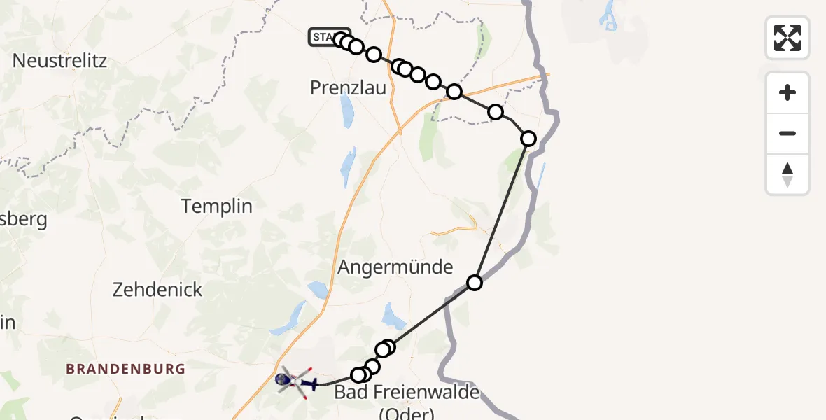Flugroute Polizeihubschrauber Uckerland - Schwedt/Oder, 16 September 2026, 12:46