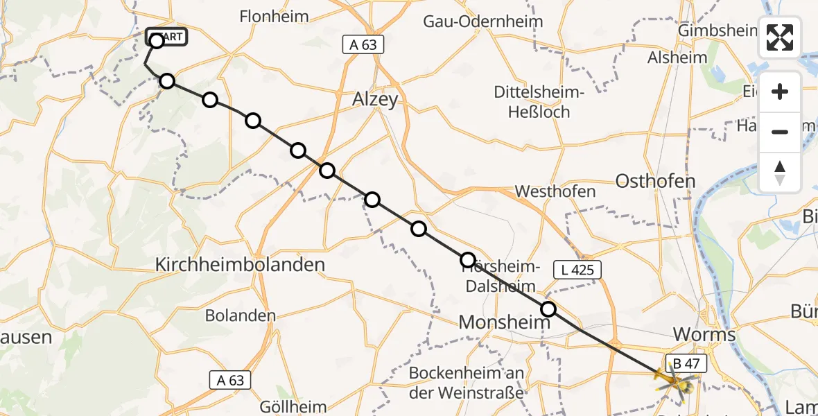 Flugroute Rettungshubschrauber Wonsheim - Worms, 16 September 2026, 12:47