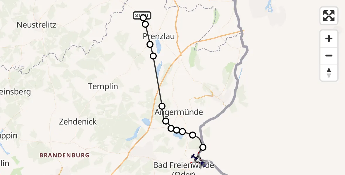 Flugroute Polizeihubschrauber Uckerland - Oderaue, 16 September 2026, 12:50