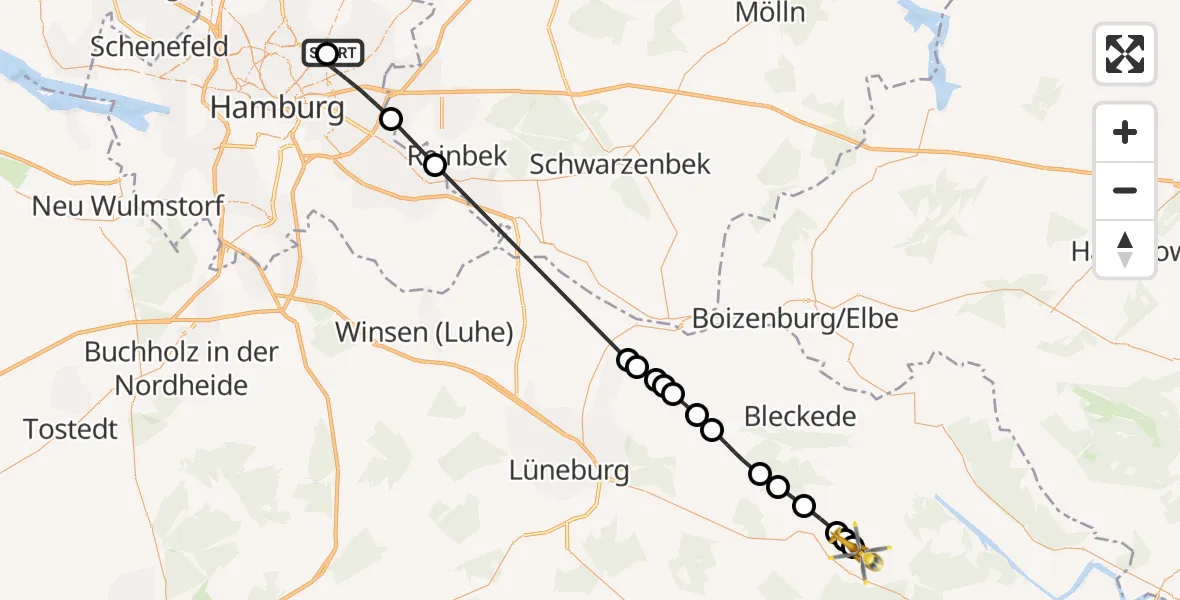 Flugroute Rettungshubschrauber Hamburg Military Hospital - Nahrendorf, 16 September 2026, 12:52