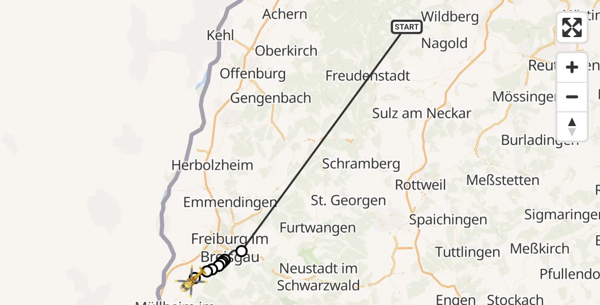 Flugroute Ambulanzhubschrauber Altensteig - Bad Krozingen, 16 September 2026, 13:03