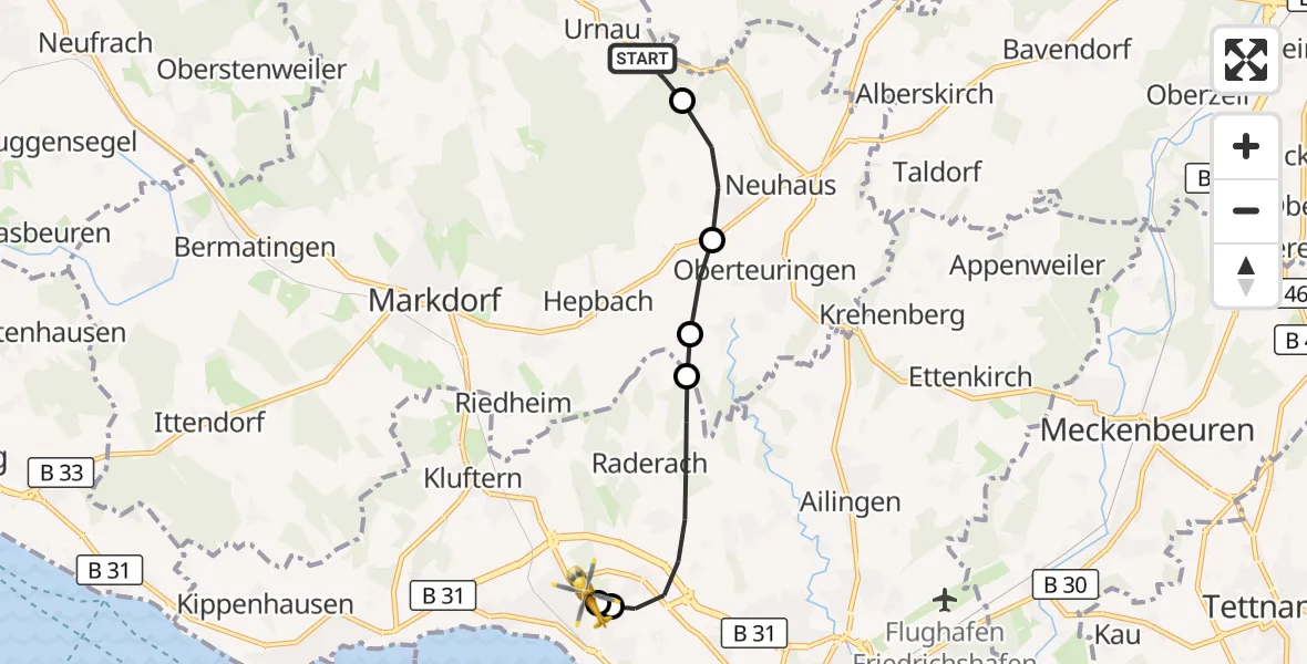 Flugroute Rettungshubschrauber Deggenhausertal - Friedrichshafen Hospital, 16 September 2026, 13:09