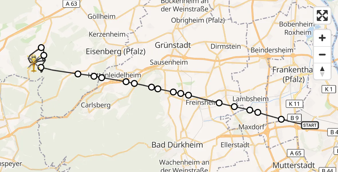 Flugroute Rettungshubschrauber Ludwigshafen am Rhein - Sippersfeld, 16 September 2026, 13:12