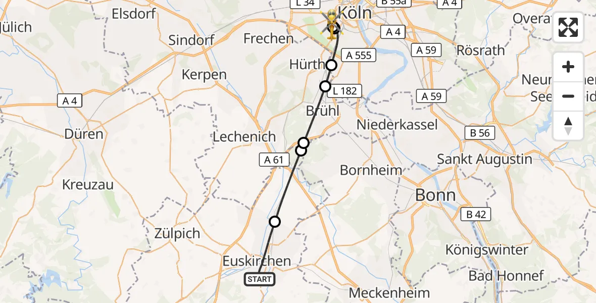 Flugroute Ambulanzhubschrauber Euskirchen - Köln University Hospital, 16 September 2026, 13:14