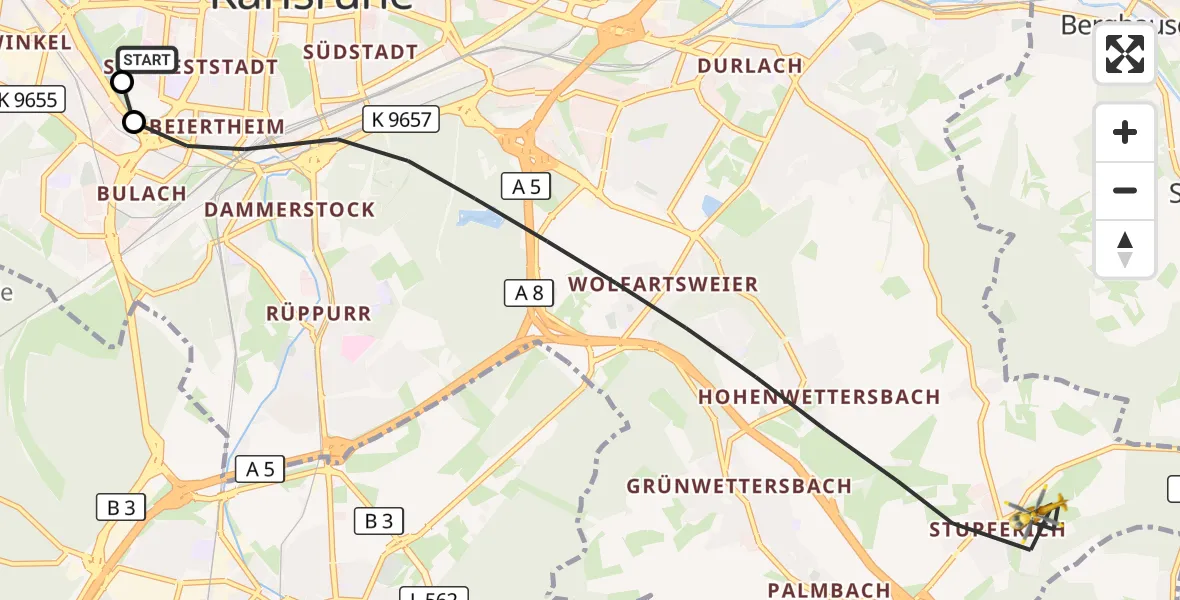 Flugroute Ambulanzhubschrauber Sankt Vincentius Hospital - Karlsruhe, 16 September 2026, 13:15