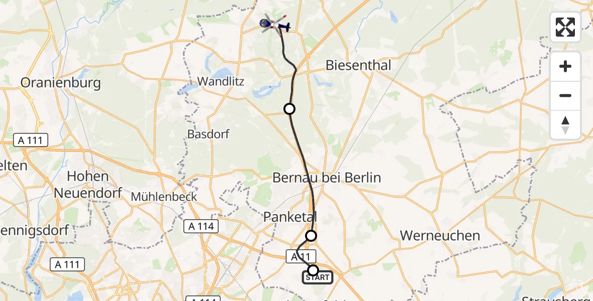 Flugroute Polizeihubschrauber Ahrensfelde Hubschrauberlandeplatz - Wandlitz, 16 September 2026, 13:18