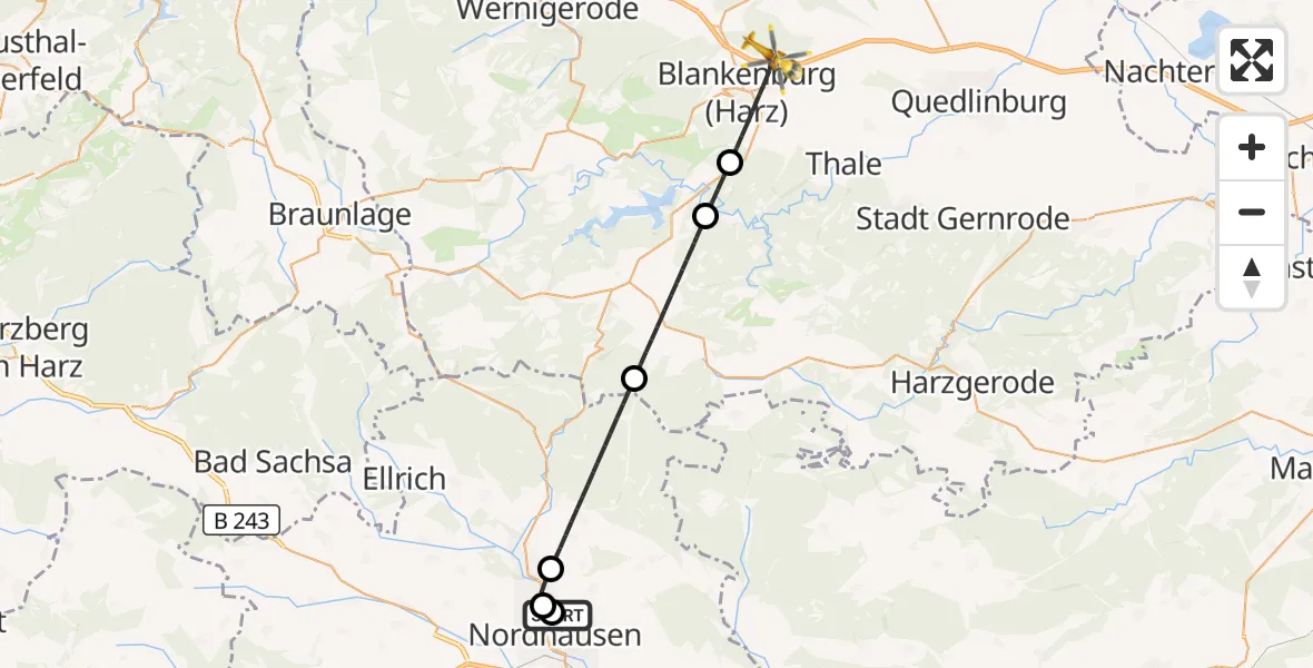 Flugroute Rettungshubschrauber Südharz Hospital Nordhausen - Blankenburg (Harz), 16 September 2026, 13:20