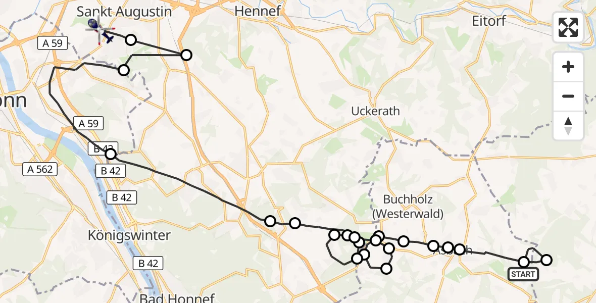 Flugroute Polizeihubschrauber Asbach - Sankt Augustin, 16 September 2026, 13:23