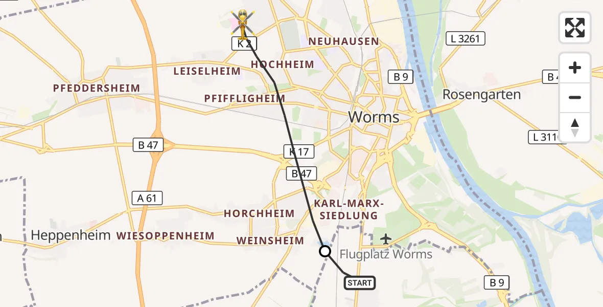 Flugroute Rettungshubschrauber Bobenheim-Roxheim - Worms, 16 September 2026, 13:27
