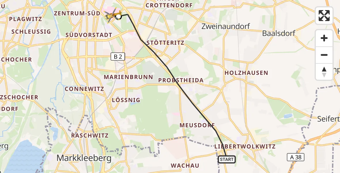 Flugroute Rettungshubschrauber Leipzig - Leipzig University Hospital Heliport 2, 16 September 2026, 13:28