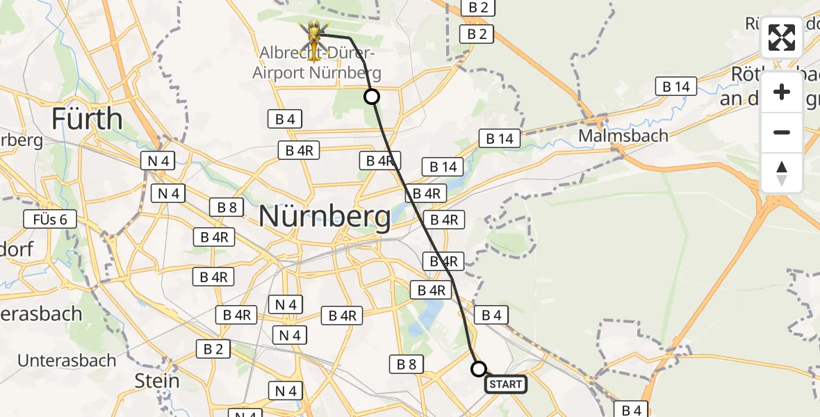 Flugroute Rettungshubschrauber Nürnberg South Hospital - Flughafen Nuremberg, 16 September 2026, 13:31