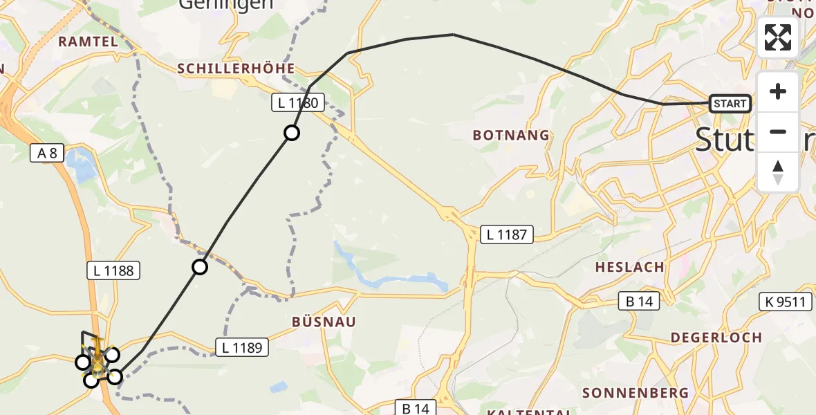 Flugroute Rettungshubschrauber Stuttgart - Magstadt, 16 September 2026, 13:36