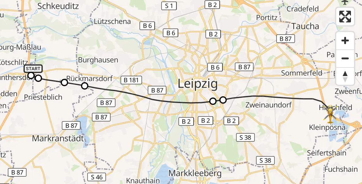 Flugroute Rettungshubschrauber ADAC Air Rescue Station Leipzig/Schkeuditz-Dölzig Hubschrauberlandeplatz (Christoph 61) - Leipzig, 16 September 2026, 13:36