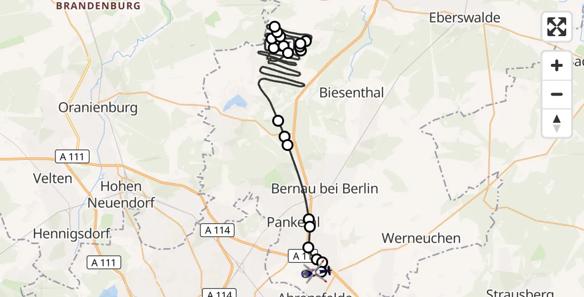 Flugroute Polizeihubschrauber Marienwerder - Ahrensfelde Hubschrauberlandeplatz, 16 September 2026, 13:42