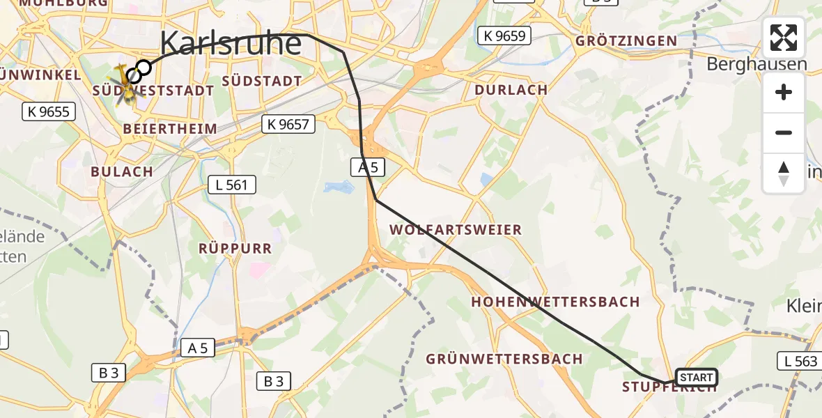 Flugroute Ambulanzhubschrauber Karlsruhe - Sankt Vincentius Hospital, 16 September 2026, 13:49