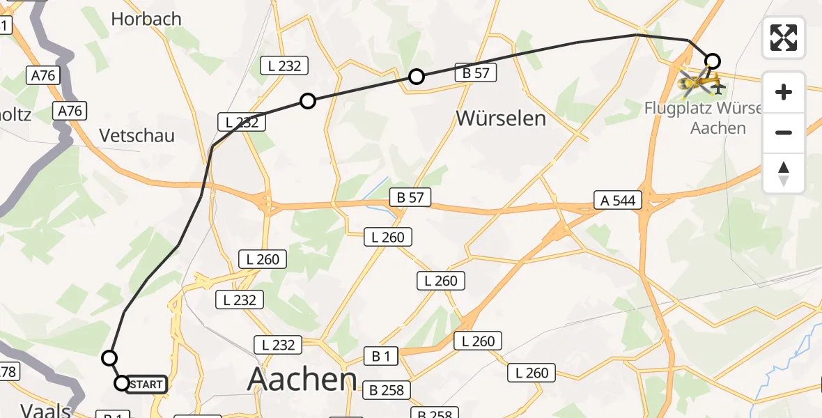 Flugroute Rettungshubschrauber Aachen Hospital - Aachen-Merzbrück Flughafen, 16 September 2026, 13:54