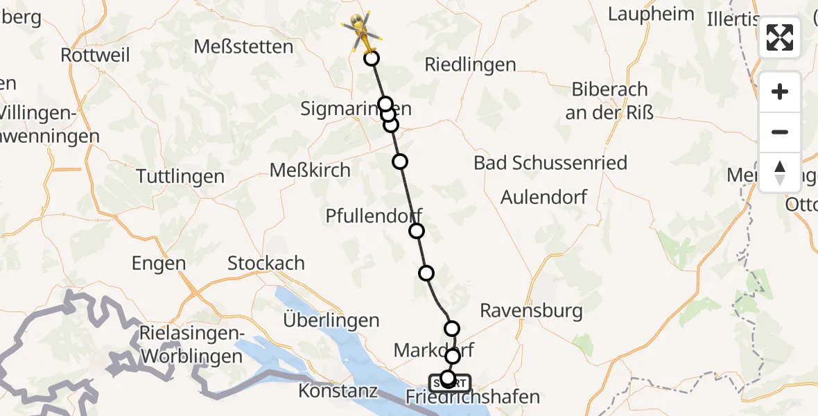 Flugroute Rettungshubschrauber Friedrichshafen Hospital - Veringenstadt, 16 September 2026, 13:55