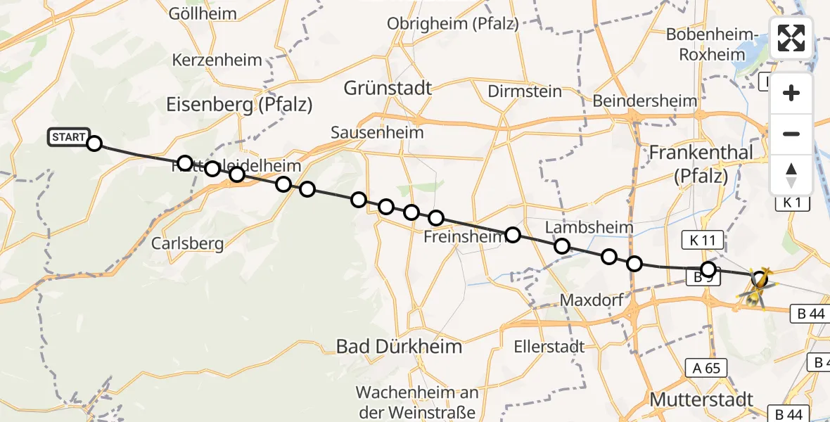 Flugroute Rettungshubschrauber Kerzenheim - Ludwigshafen Accident Hospital, 16 September 2026, 14:07