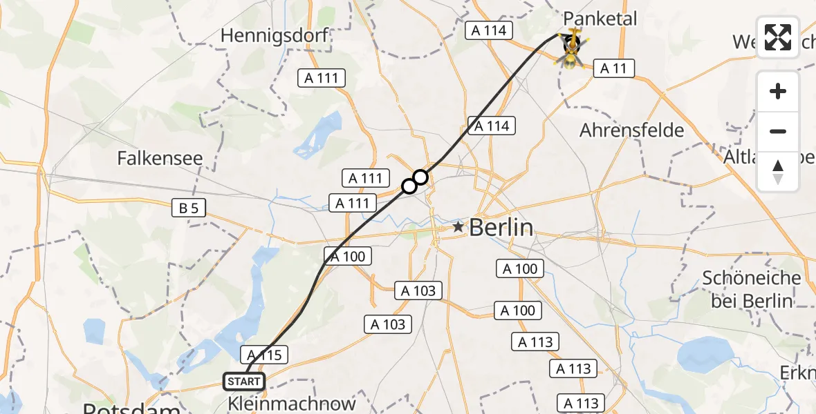 Flugroute Rettungshubschrauber Berlin - Helios Clinic Berlin-Buch, 16 September 2026, 14:14
