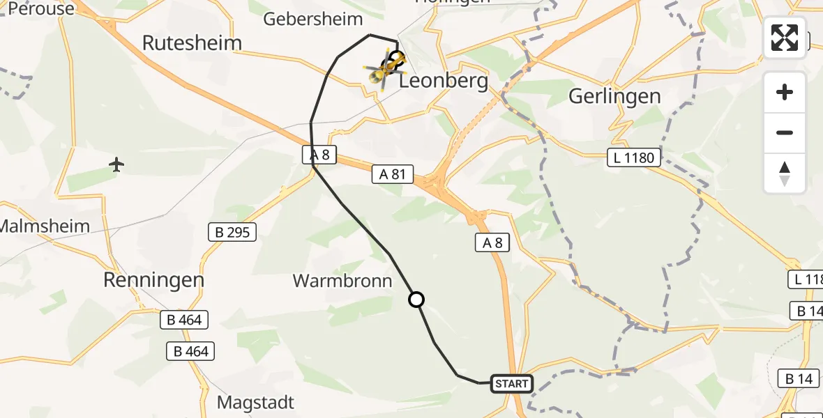 Flugroute Rettungshubschrauber Magstadt - Leonberg Hospital, 16 September 2026, 14:22