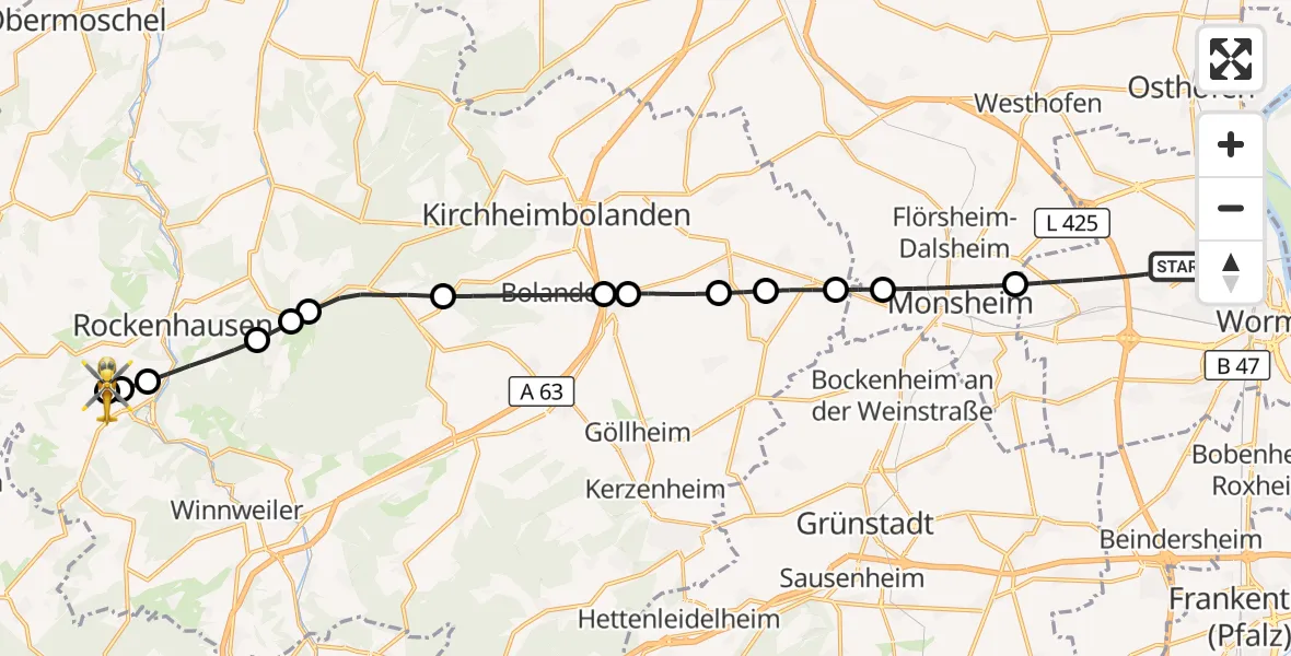Flugroute Rettungshubschrauber Worms - Rockenhausen, 16 September 2026, 14:27