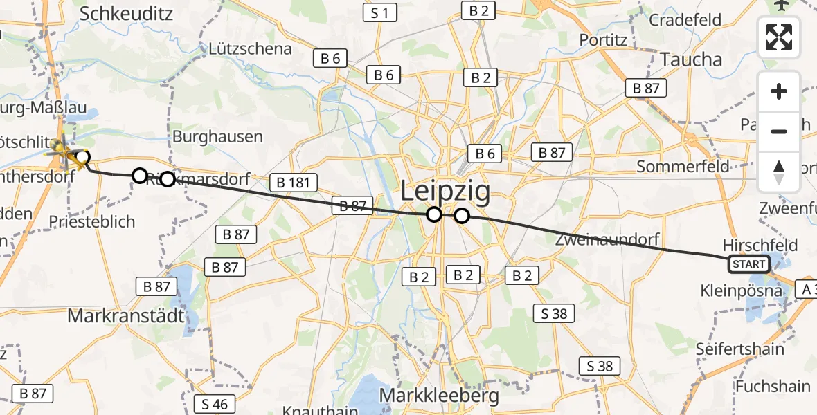 Flugroute Rettungshubschrauber Leipzig - ADAC Air Rescue Station Leipzig/Schkeuditz-Dölzig Hubschrauberlandeplatz (Christoph 61), 16 September 2026, 14:31