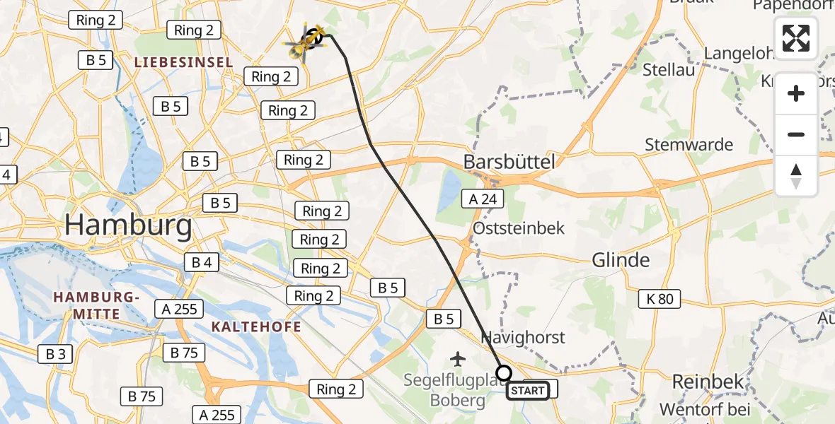 Flugroute Rettungshubschrauber Christoph Hansa ADAC Hubschrauberlandeplatz - Hamburg Military Hospital, 16 September 2026, 14:33