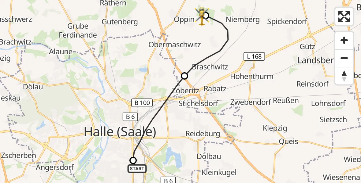 Flugroute Rettungshubschrauber BG Hospital Bergmannstrost Halle - Halle-Oppin Flugplatz, 16 September 2026, 14:34