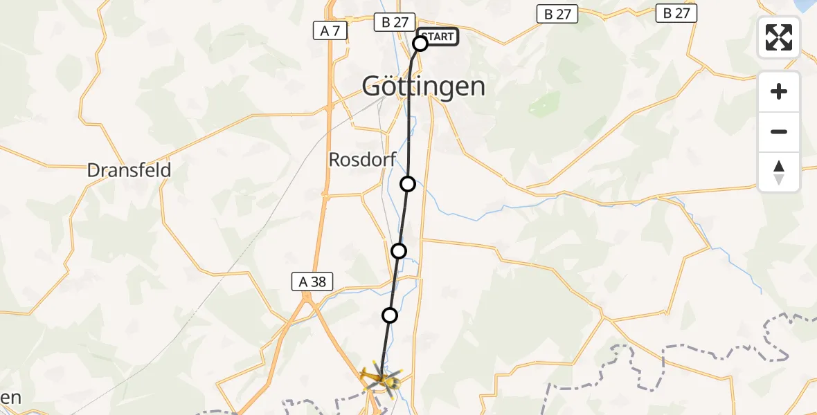 Flugroute Rettungshubschrauber Göttingen University Clinic Hubschrauberlandeplatz - Friedland, 16 September 2026, 14:42