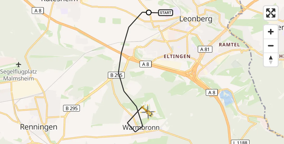 Flugroute Rettungshubschrauber Leonberg Hospital - Leonberg, 16 September 2026, 14:47
