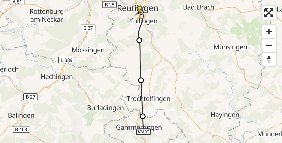 Flugroute Rettungshubschrauber Gammertingen - Reutlingen, 16 September 2026, 14:48