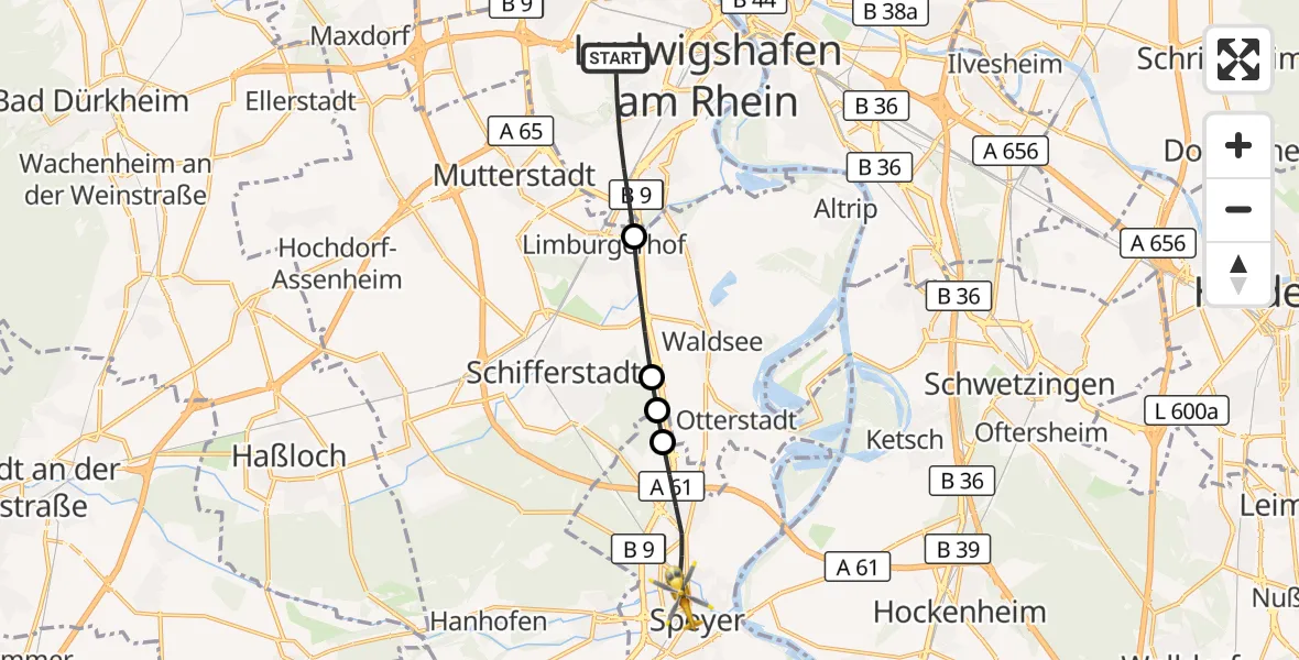 Flugroute Rettungshubschrauber Ludwigshafen am Rhein - Speyer, 16 September 2026, 14:58