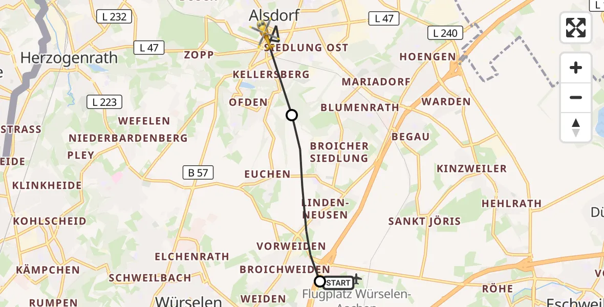 Flugroute Rettungshubschrauber Aachen-Merzbrück Flughafen - Alsdorf, 16 September 2026, 14:59