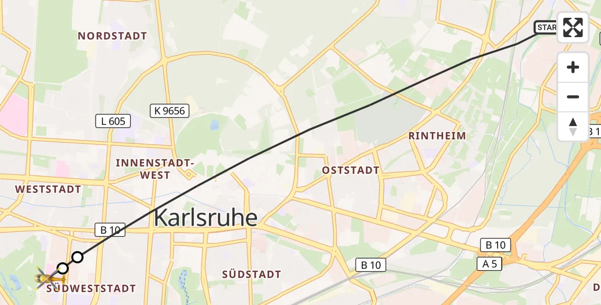 Flugroute Ambulanzhubschrauber Karlsruhe - Sankt Vincentius Hospital, 16 September 2026, 15:04