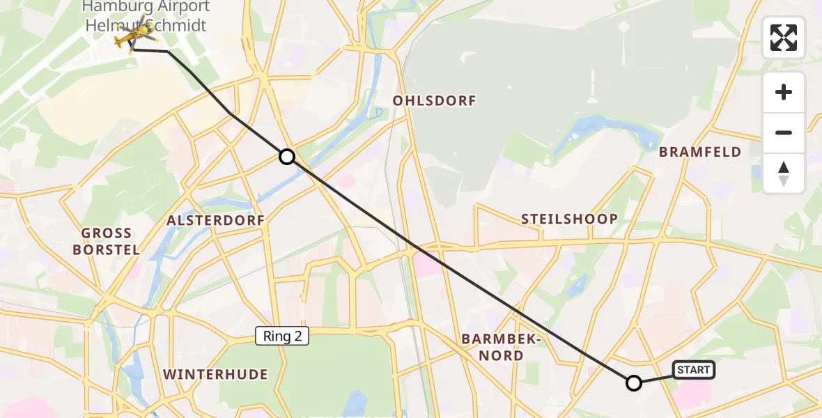 Flugroute Rettungshubschrauber Hamburg Military Hospital - Hamburg Helmut Schmidt Flughafen, 16 September 2026, 15:11
