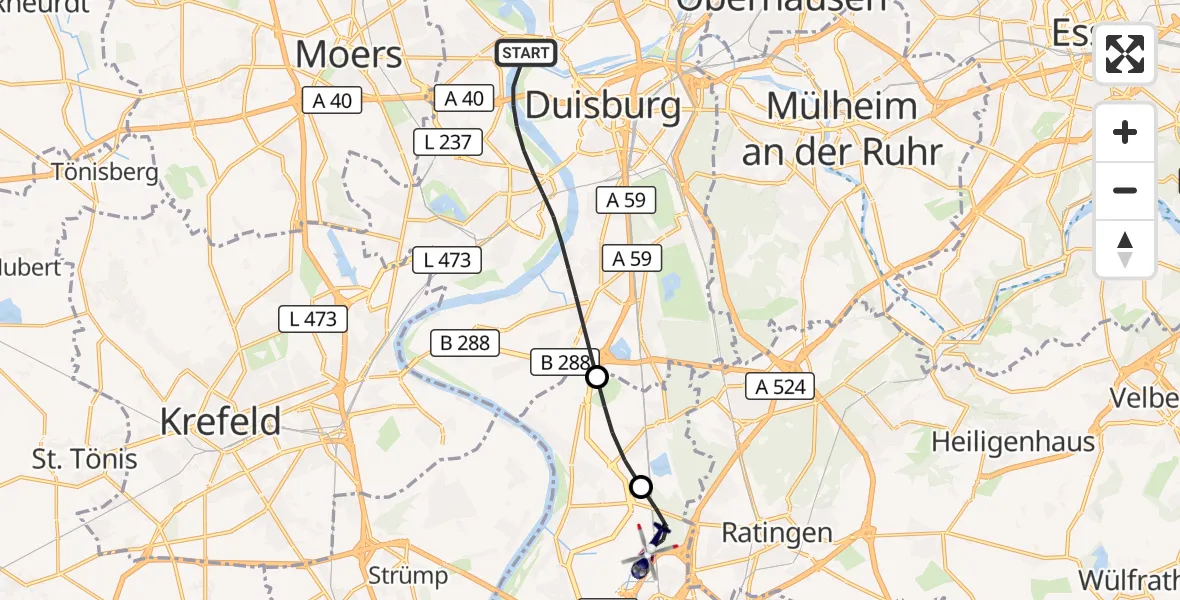 Flugroute Polizeihubschrauber Duisburg - Düsseldorf Flughafen, 16 September 2026, 15:15