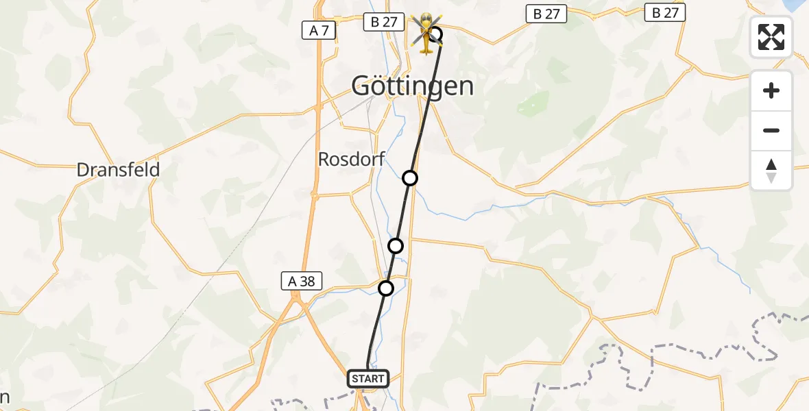 Flugroute Rettungshubschrauber Friedland - Göttingen University Clinic Hubschrauberlandeplatz, 16 September 2026, 15:19
