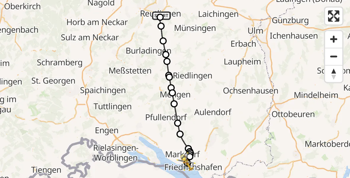 Flugroute Rettungshubschrauber Reutlingen - Friedrichshafen Hospital, 16 September 2026, 15:21