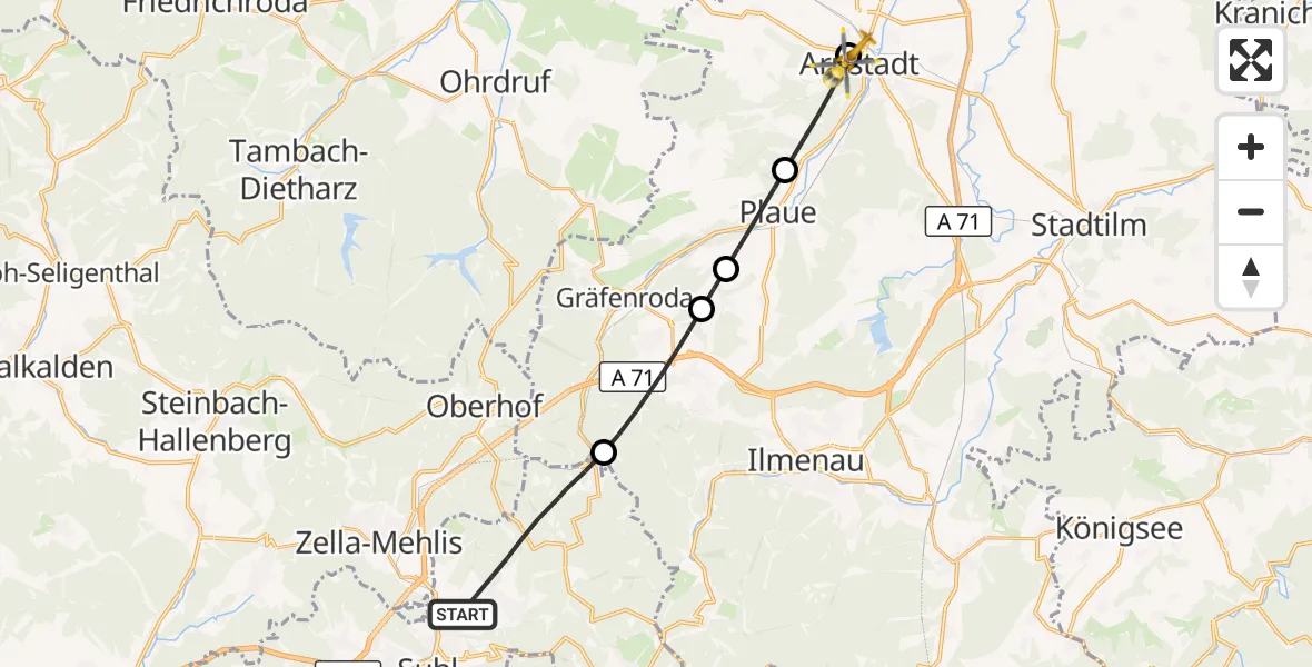 Flugroute Rettungshubschrauber Suhl - Ilm-Kreis-Krankenhaus Arnstadt-Ilmenau Hubschrauberlandeplatz, 16 September 2026, 15:21