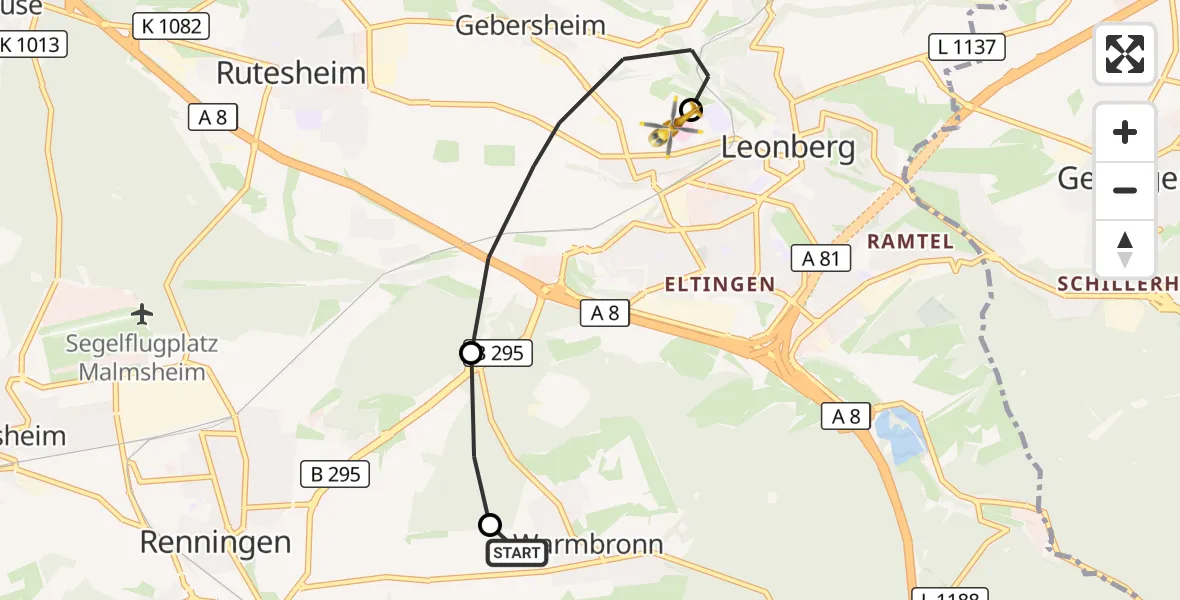 Flugroute Rettungshubschrauber Leonberg - Leonberg Hospital, 16 September 2026, 15:23