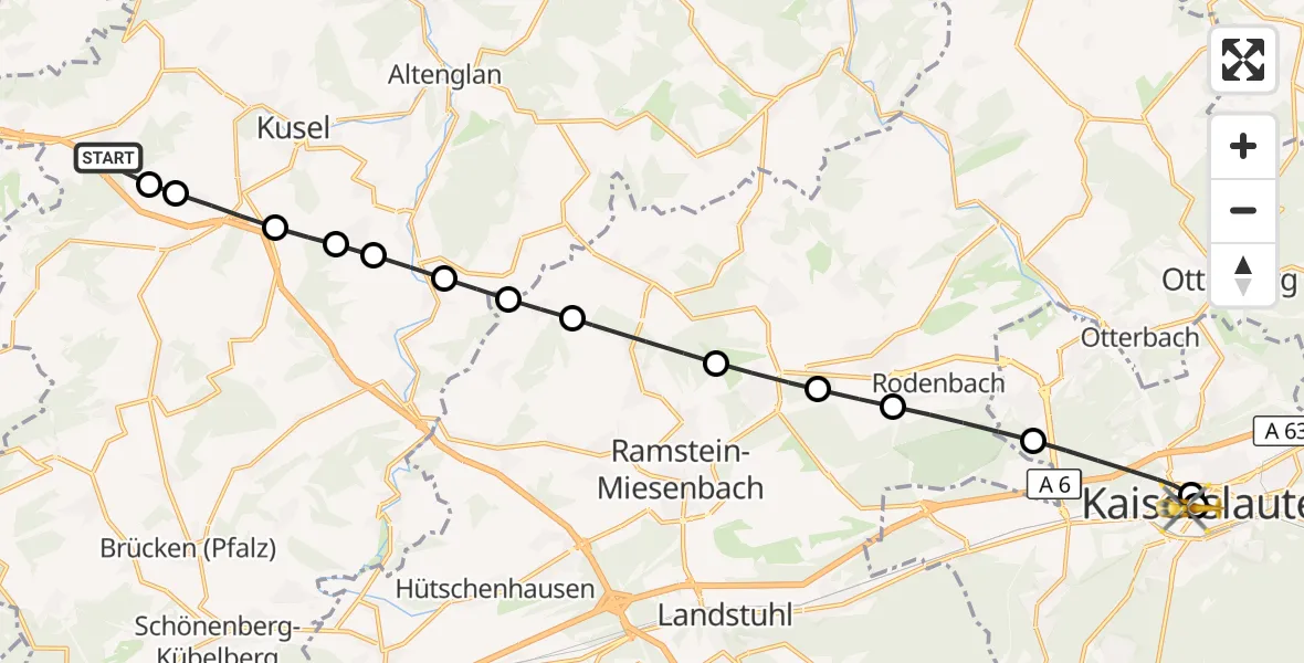 Flugroute Rettungshubschrauber Pfeffelbach - Westpfalz Hospital Kaiserslautern, 16 September 2026, 15:24