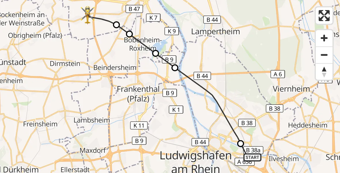 Flugroute Rettungshubschrauber Mannheim-City Flughafen - Worms, 16 September 2026, 15:26