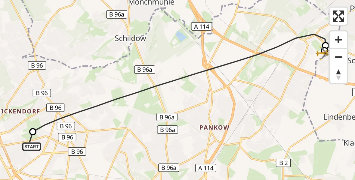 Flugroute Rettungshubschrauber Vivantes Humboldt Clinic - Helios Clinic Berlin-Buch, 16 September 2026, 15:35